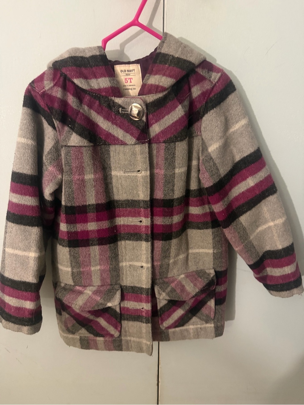 Old Navy Girls 2010 Plaid Wool Blend Hooded Coat Size 5T